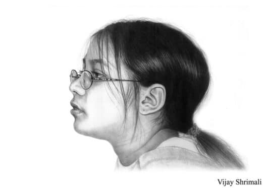 Pencil portrait sketch of a woman with glasses