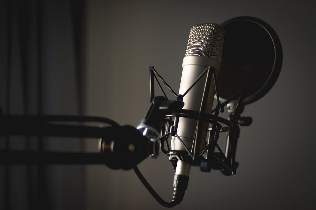 Professional podcasting microphone on a shock mount