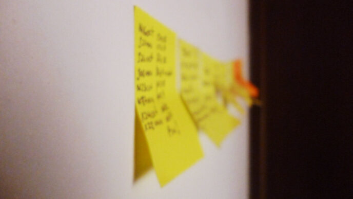 Yellow sticky notes with handwritten tasks on a wall
