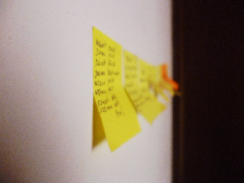 Yellow sticky notes with handwritten tasks on a wall