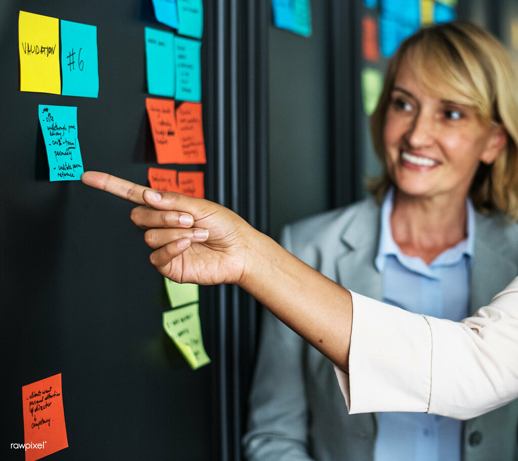 Sticky notes arranged on a wall for planning and review