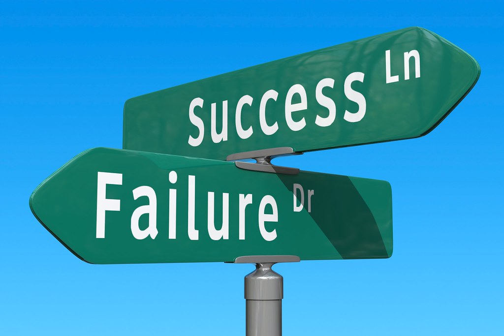 A crossroads sign offering directions toward success or failure
