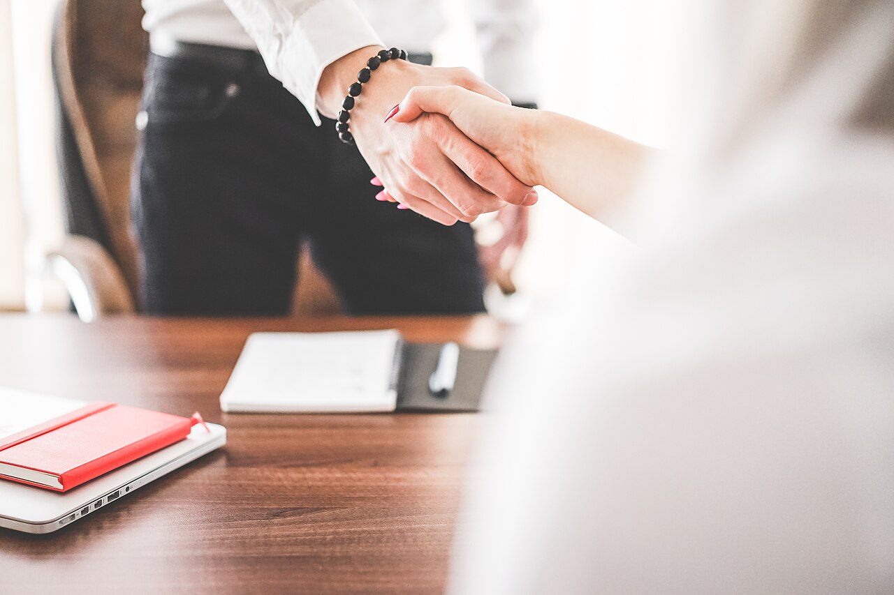 Business man and woman shaking hands in a work office