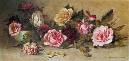A watercolor still life of pink and cream roses