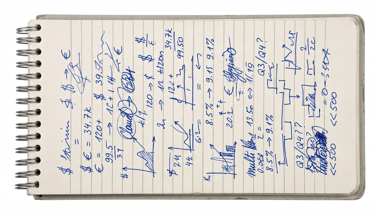 Spiral notebook featuring handwritten currency conversion formulas and financial data analysis