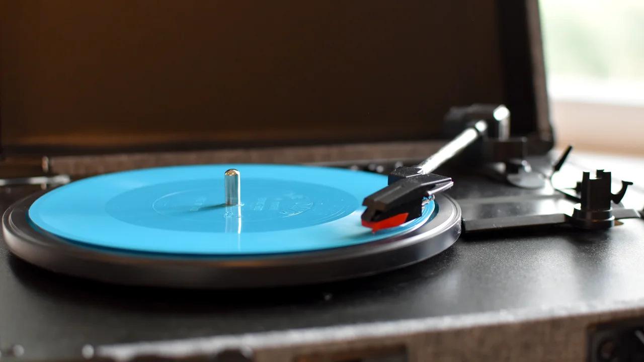 Musical retro gramophone for listening to vinyl records. music vintage player for old discs