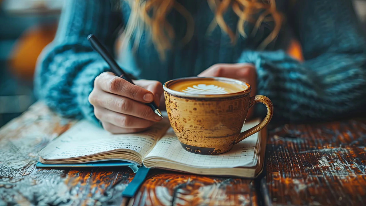 Closeup of a person writing in a notebook with a cup of coffee nearby