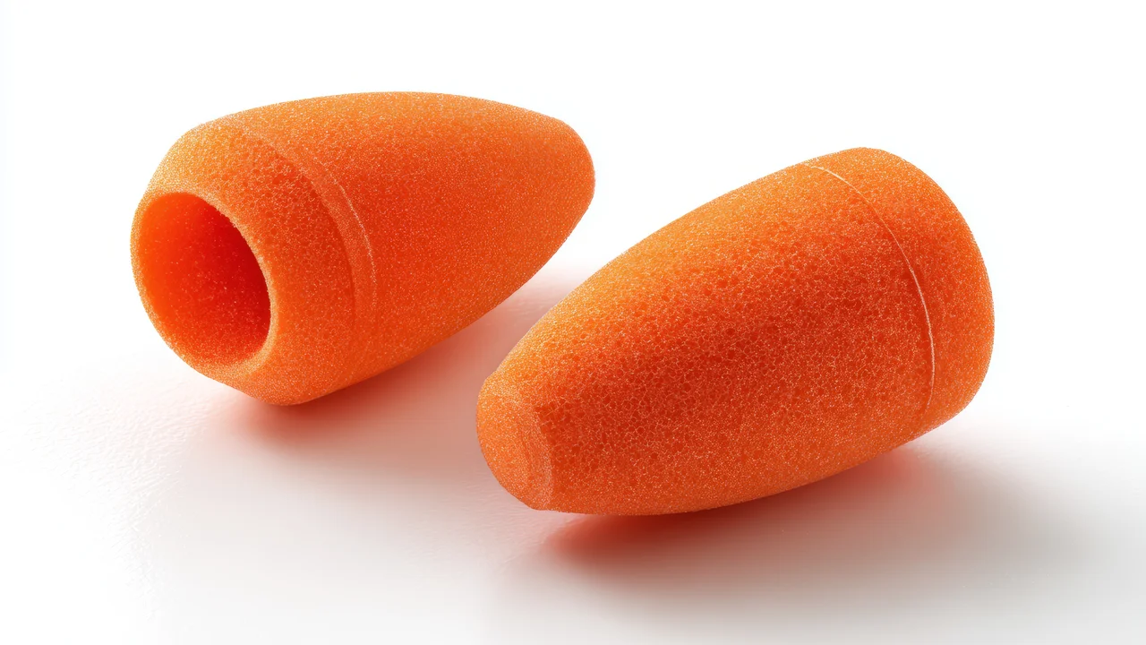 Generic earplugs foam orange pair on a white surface