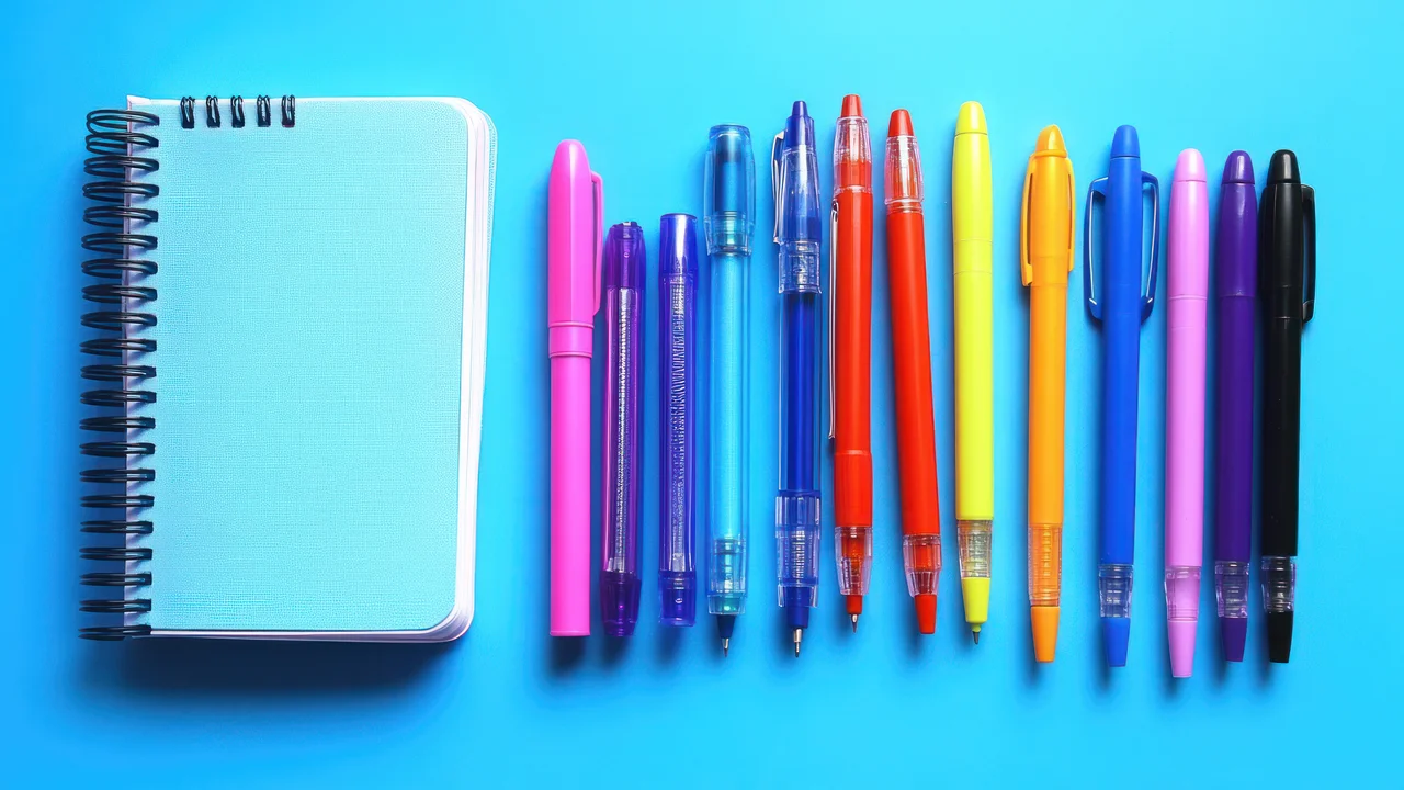 Colorful pens and a notebook on blue background