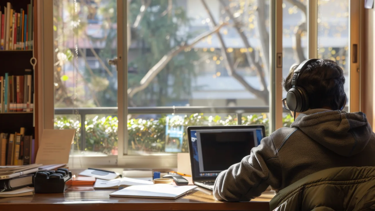 Student working on laptop at desk near window with natural light