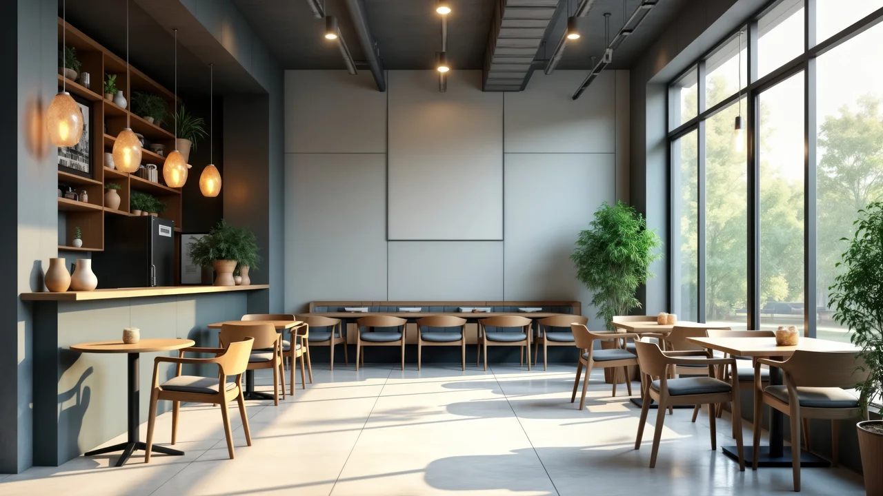 Modern cafe interior empty with wooden tables and chairs large windows offer natural view indoor