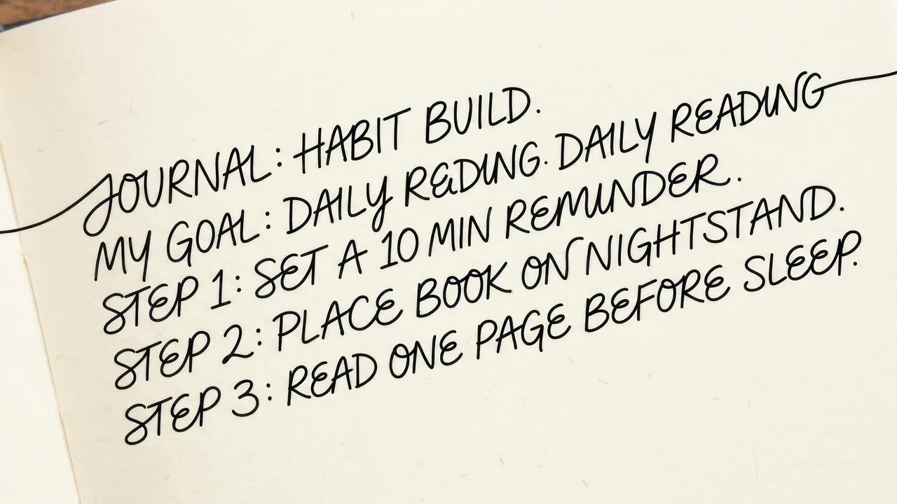 Handwritten journal entry outlining specific steps for establishing a consistent daily reading habit on white paper