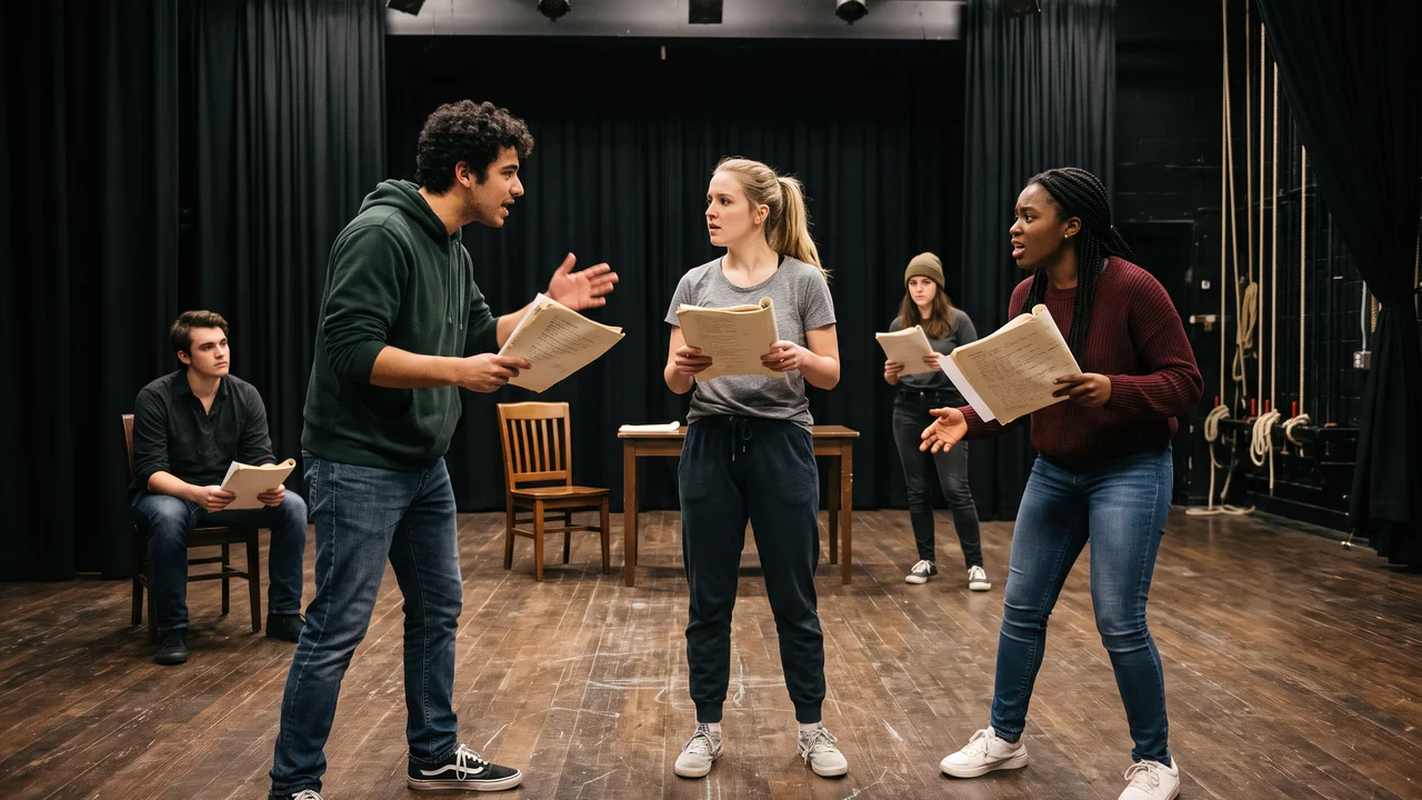 A group of students engage in a play rehearsal in a theater they hold scripts as they perform their lines the setting includes chairs and stage lights the atmosphere is focused and lively