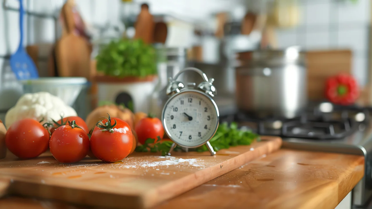 Fresh vegetables and a clock on a kitchen counter the tomatoes are ripe and red and the basil is green and leafy