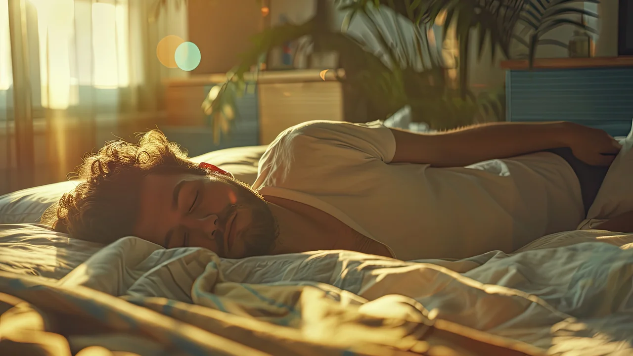 Man sleeping in bed tired and relaxing at home