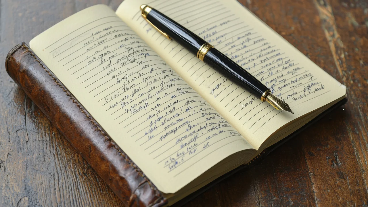 Open leatherbound notebook with goldtrimmed fountain pen