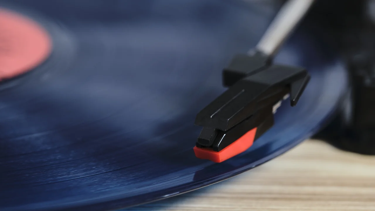 Classic vinyl record player closeup