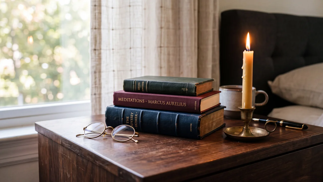 Stack of vintage books with glasses and a lit candle on a wooden nightstand by a window