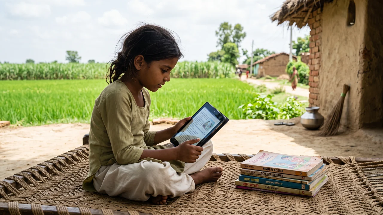 A girl reading a book indoors