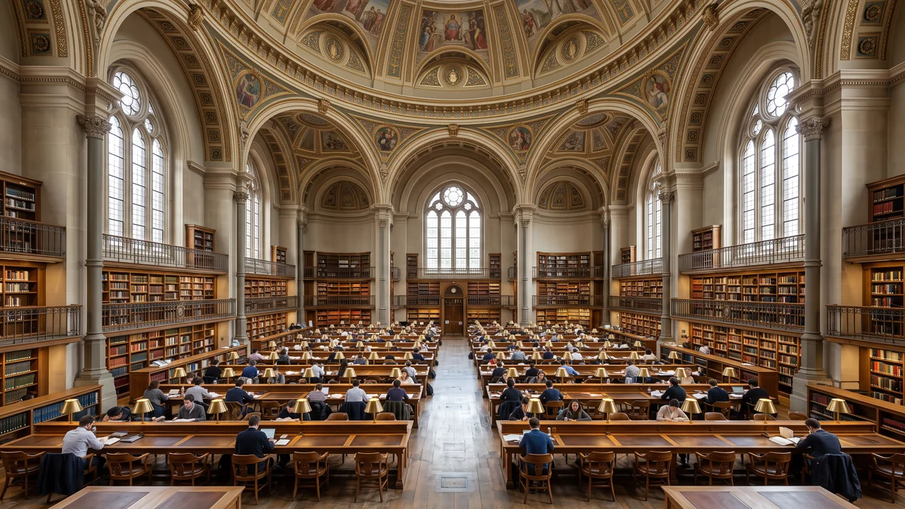 Long corridor of bookshelves in a large library