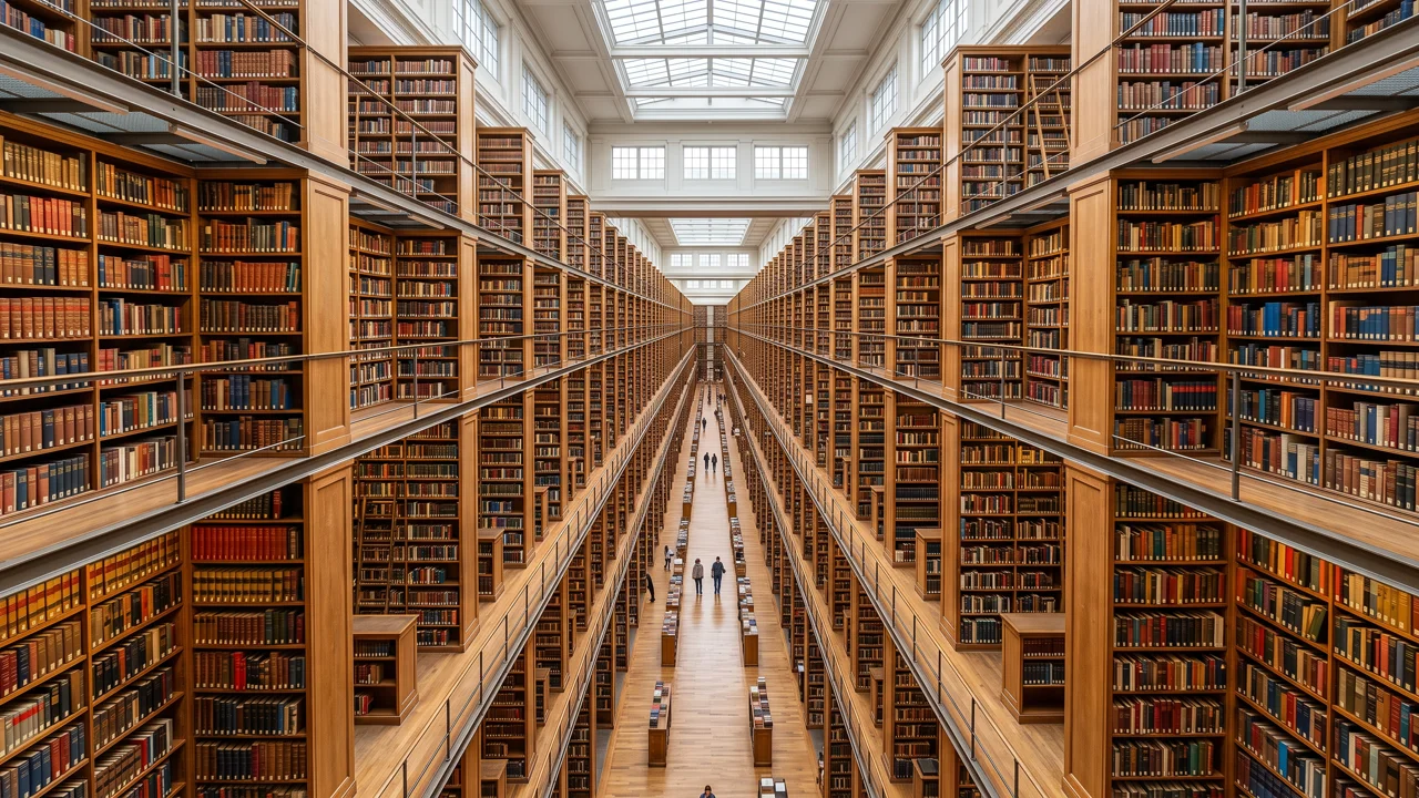 Grand reading room with long wooden tables