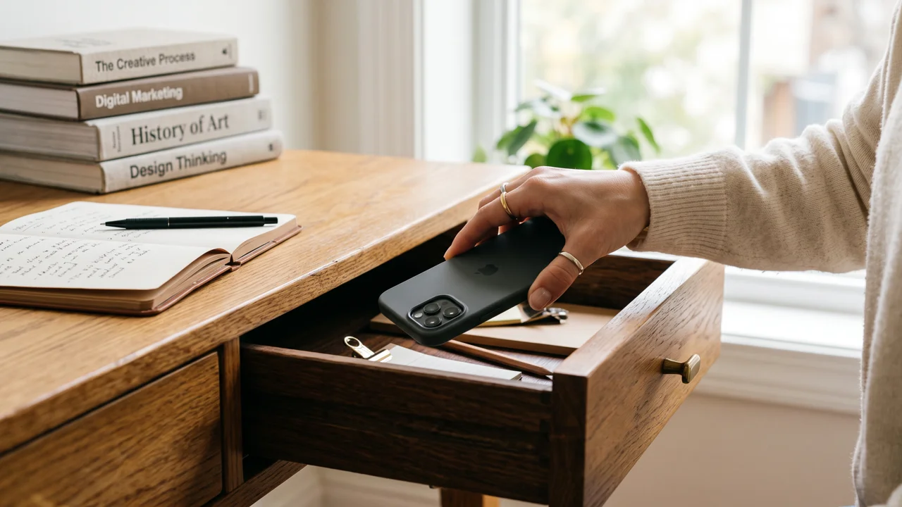 Person holding a smartphone next to an open laptop on a desk