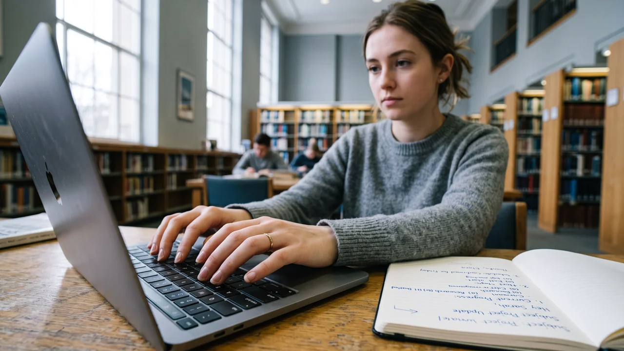 Person writing notes at a bright desk with a laptop open