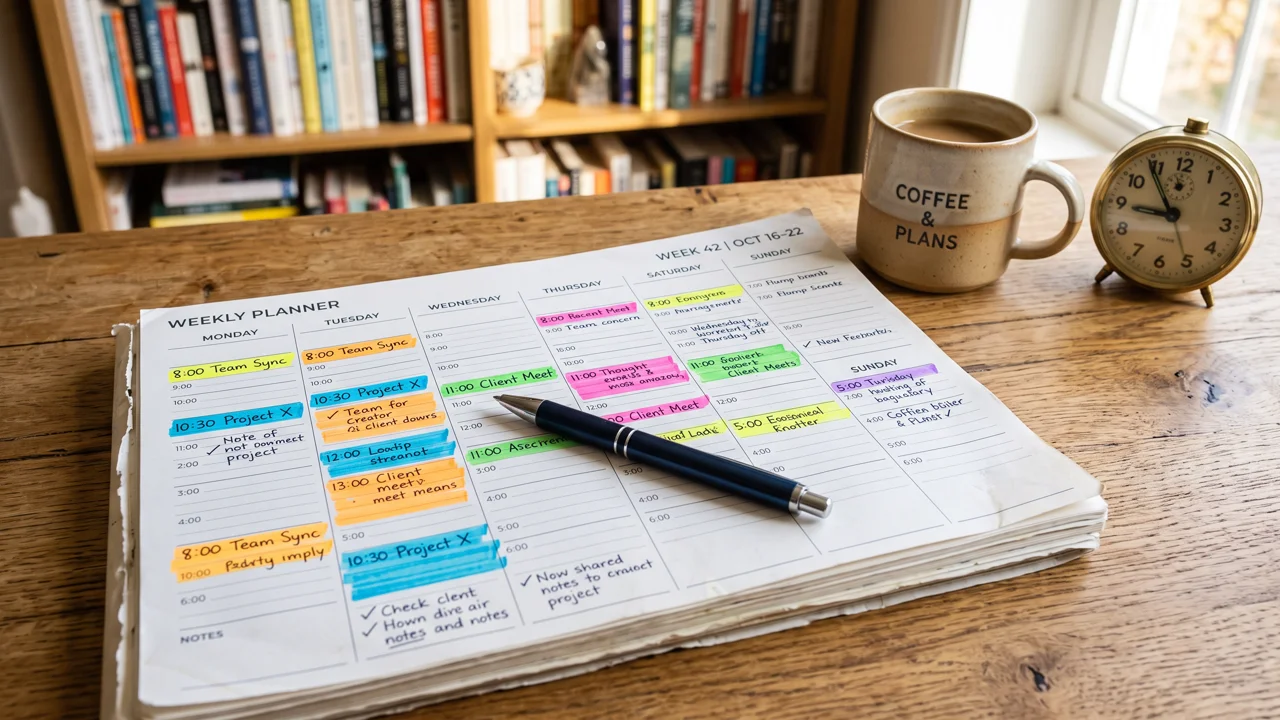 An analog clock sitting on top of a paper calendar