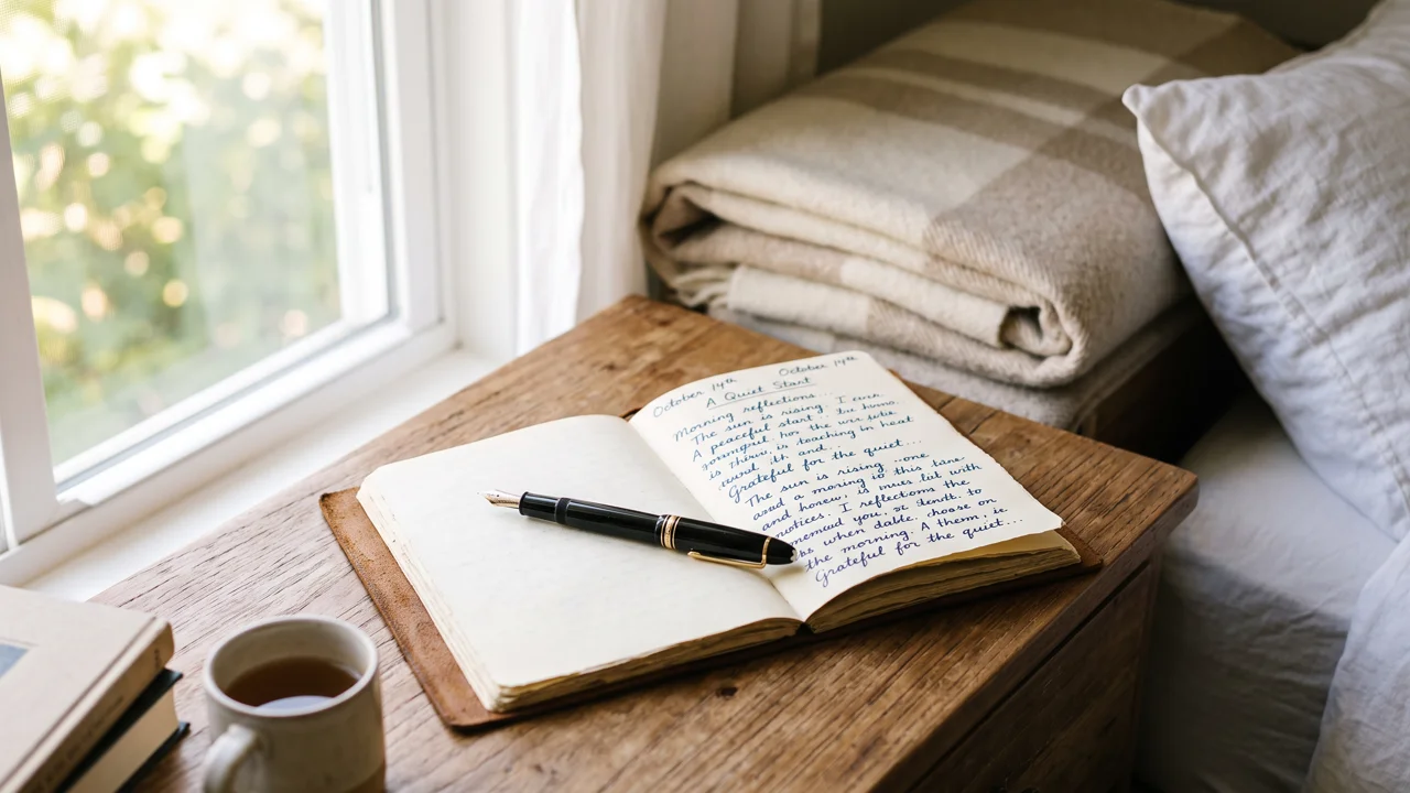 Close-up of a woman writing in her planner with a pen