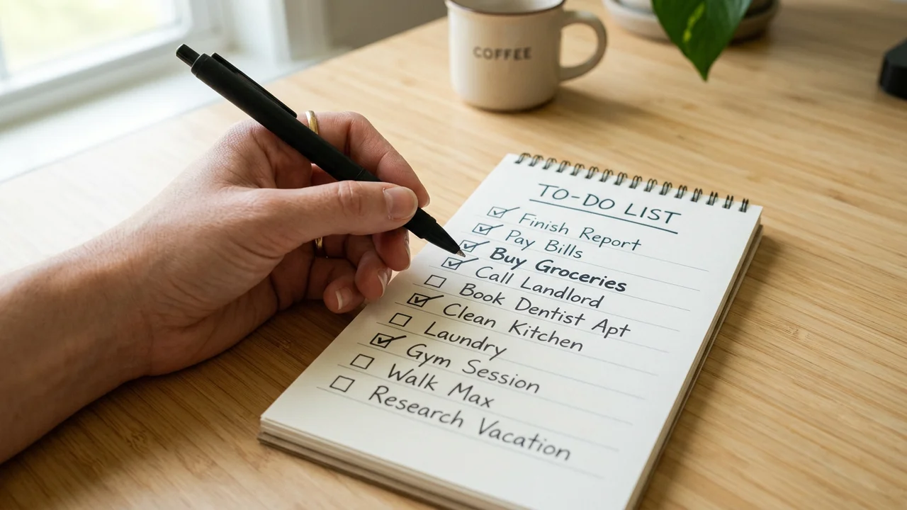 Woman writing a handwritten todo list in a spiral notebook on a wooden desk planning daily tasks and organizing errands productivity and organization in a cozy home workspace